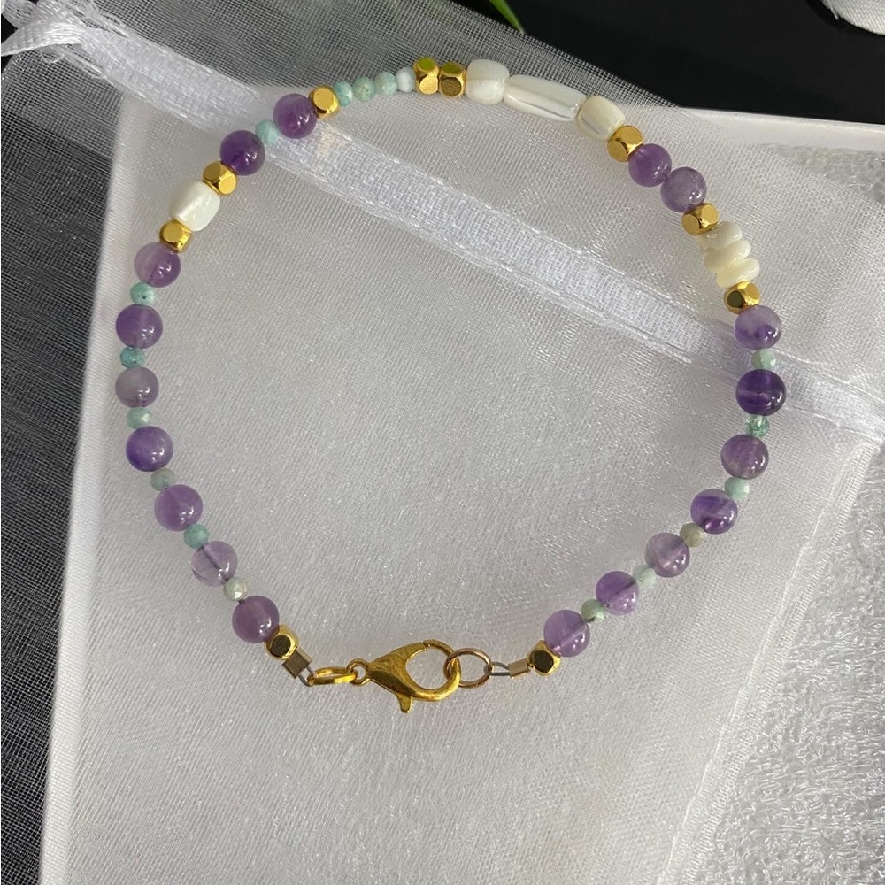 4mm Amethyst, Amazonite & White MOP Gold Plated Beaded Bracelet